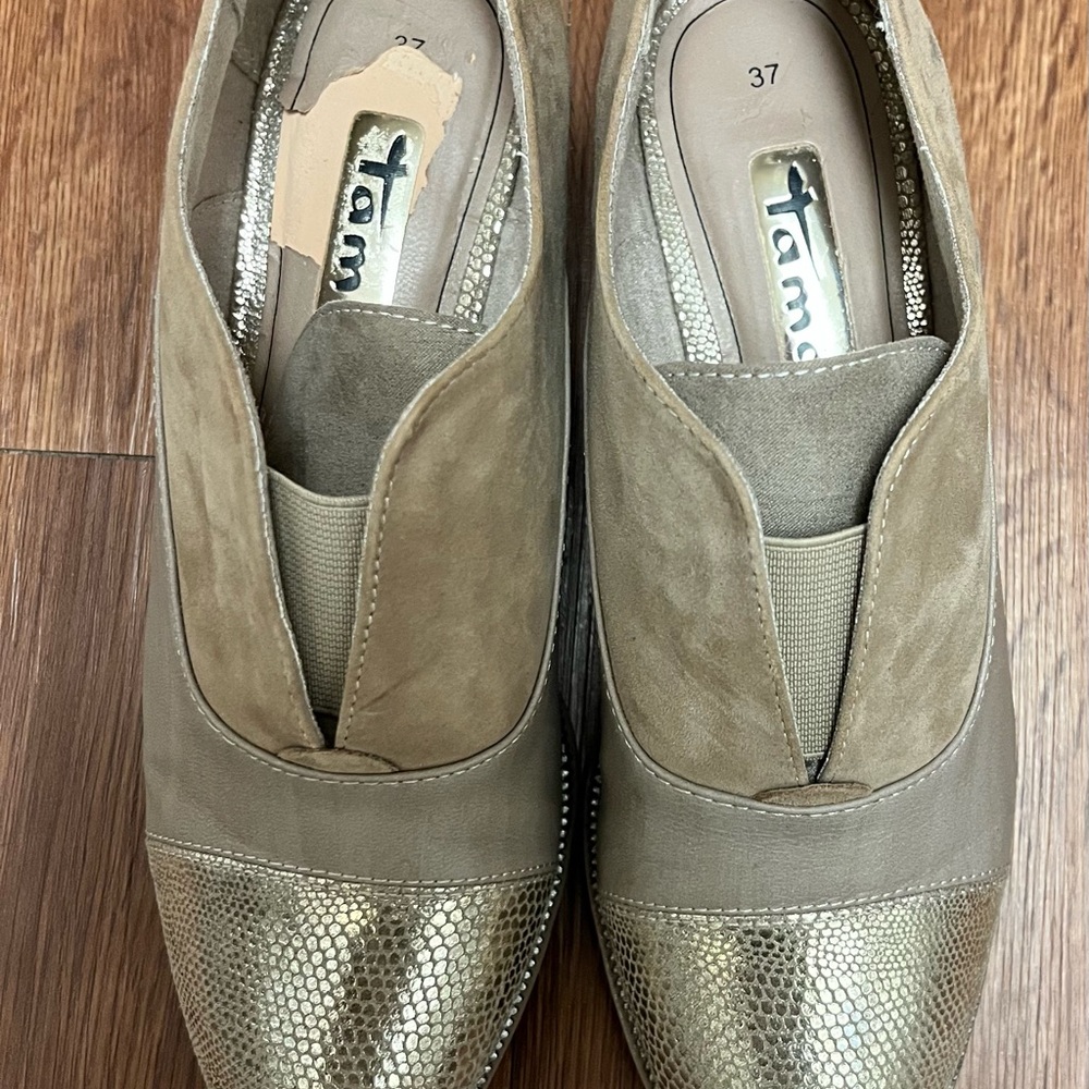TAMARIS Metallic Cap Toe Flat Shoes EU 37/6US Tan Taupe Leather Suede Loafers